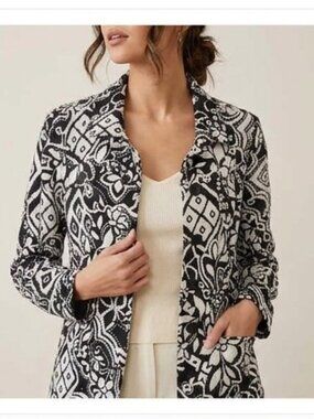 Croft& Barrow Women's SZ XL Black White Linen Blend Button Down Jacket Casual